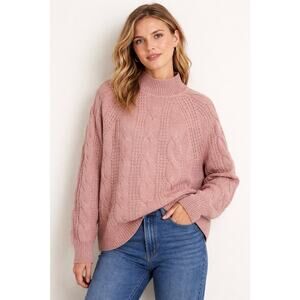 J. Crew Sweater Sz S Cable Knit Mock Neck Alpaca Blend Oversized Cozy Dusty Pink